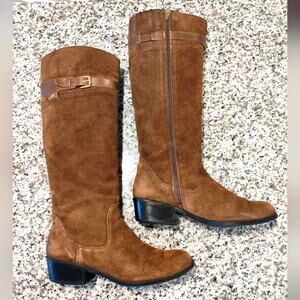 Audrey Brooke Adore Boots Knee High Brown Leather Suede Zip Block Heel Size 8.5